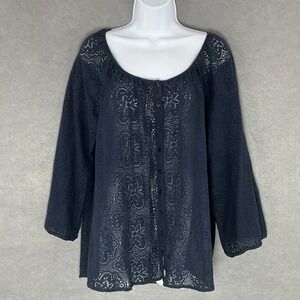 Lucky Brand Lace Top Blouse Button Front 3/4 Sleeve Sheer‎ Bohemian XL